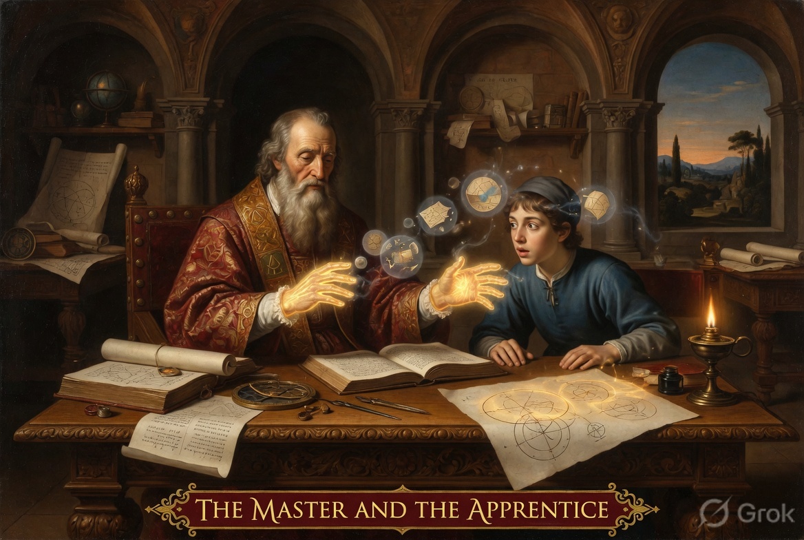 A Renaissance master scholar transfers glowing knowledge orbs to his apprentice — the teacher-student paradigm of knowledge distillation