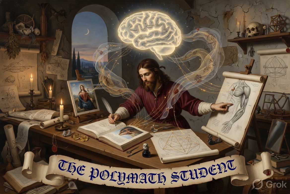 A Leonardo da Vinci polymath student simultaneously masters writing, painting, anatomy, and geometry with golden threads connecting all disciplines to a glowing brain