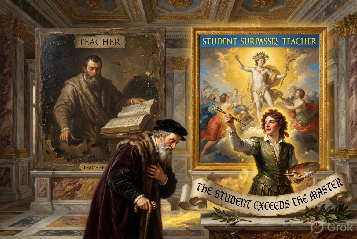 A young apprentice stands triumphant as his glowing painting outshines the master&rsquo;s faded work, with the aged teacher bowing respectfully