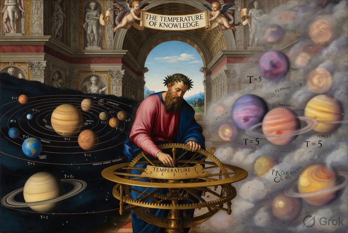 A Renaissance philosopher adjusts the Temperature T dial on a celestial orrery, sharpening planets on the left and softening them to probability clouds on the right