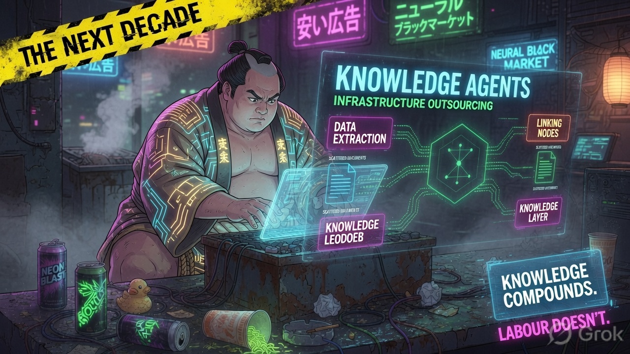 Knowledge Agents for infrastructure outsourcing — an engineer at a holographic console mapping data extraction, a knowledge layer and linking nodes; 'Knowledge compounds. Labour doesn't.'