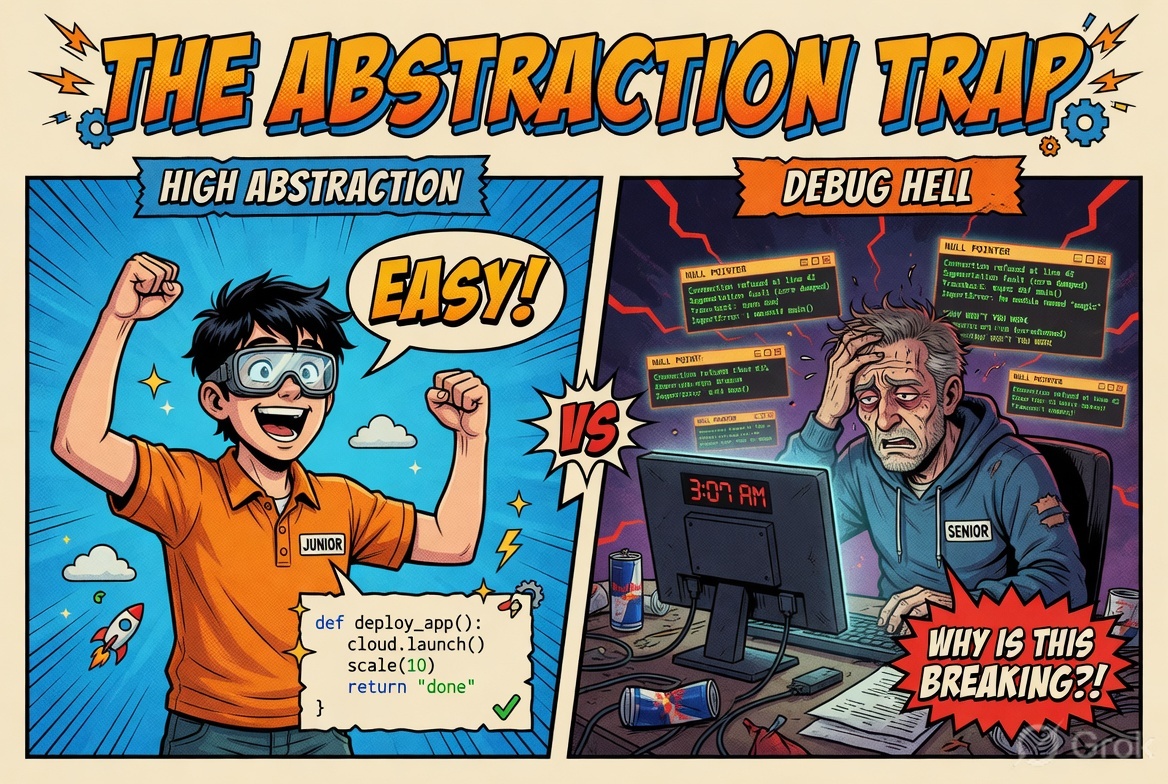 The Abstraction Trap — High Abstraction vs Debug Hell comic book illustration