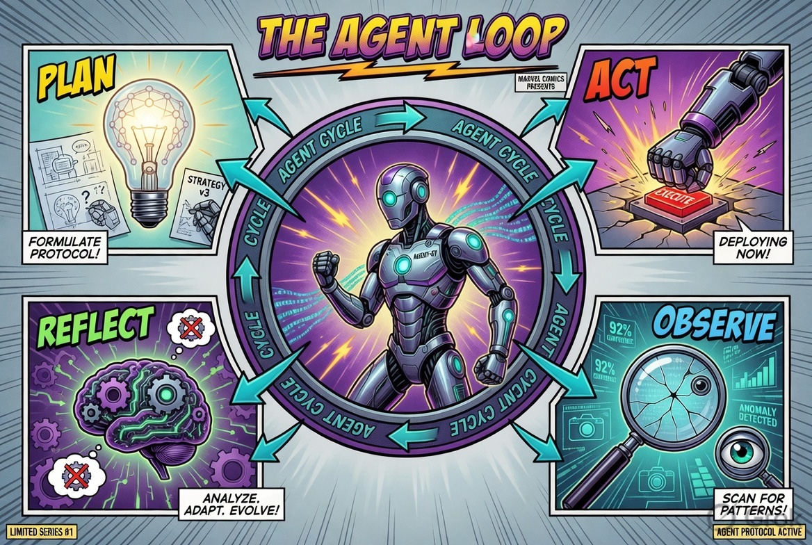 The Agent Loop — Plan, Act, Observe, Reflect comic book illustration