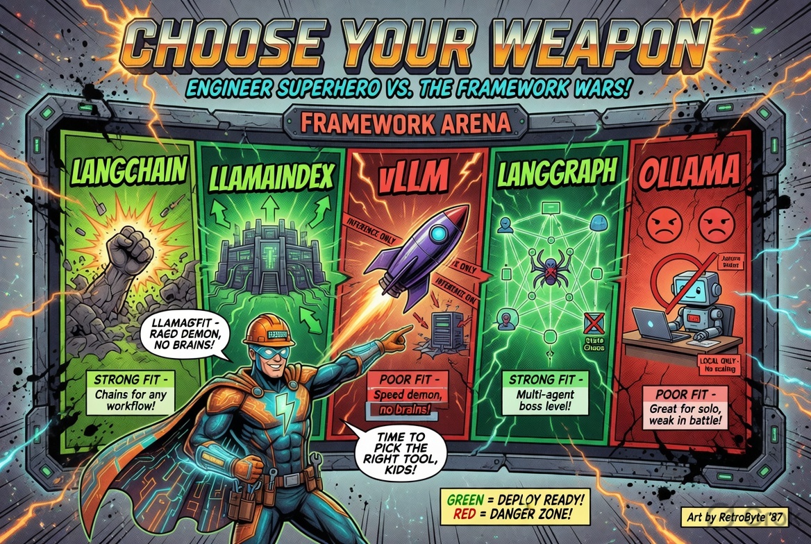 Choose Your Weapon — framework decision map comic book illustration