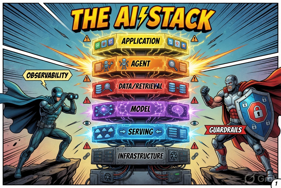 The canonical AI stack — Tower of Power comic book illustration