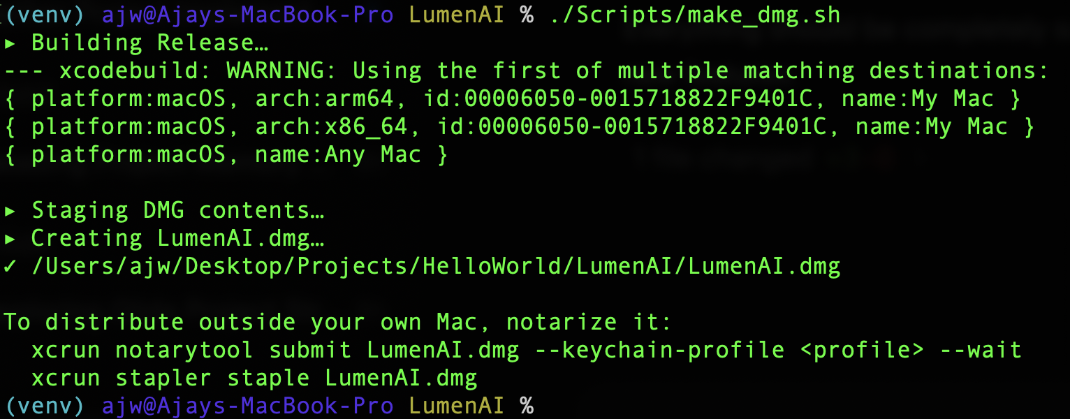 One-command DMG build — ./Scripts/make_dmg.sh producing LumenAI.dmg