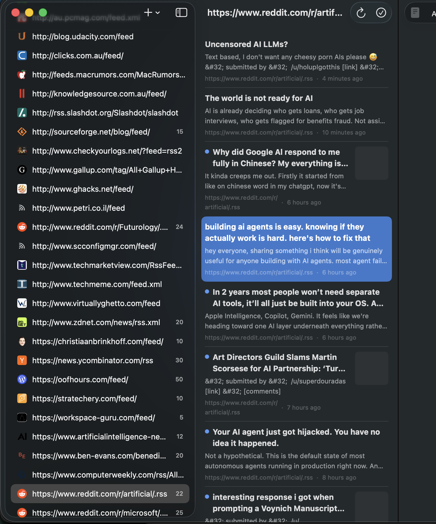 LumenAI sidebar fully loaded with dozens of feeds, favicons, and unread counts, with an article selected