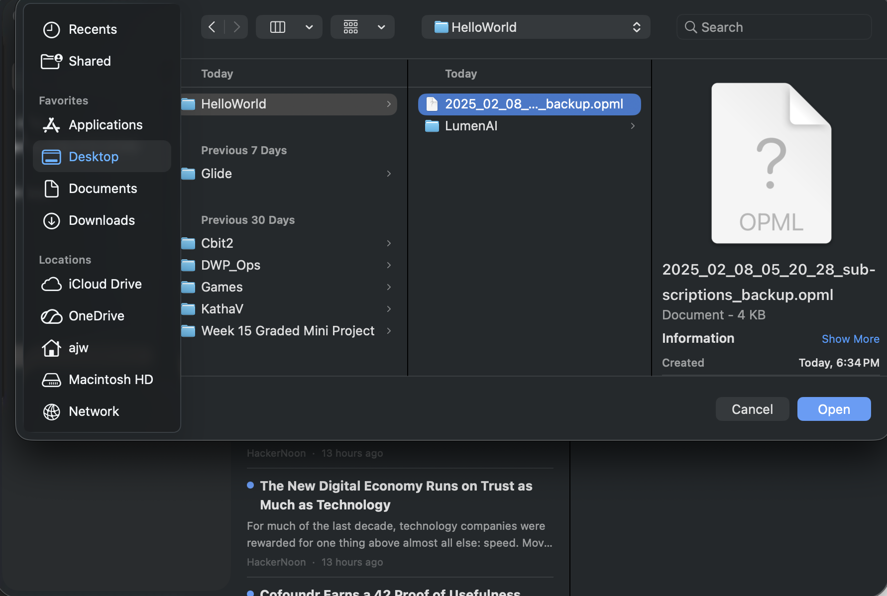 macOS open panel selecting an OPML subscriptions backup file for import