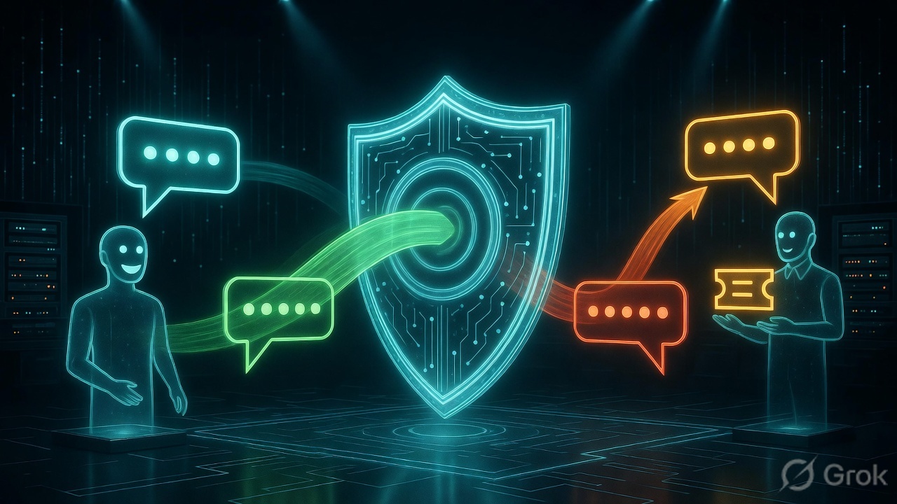 Hero illustration for the NovaMart support agent — a glowing cyan AI shield-gate routing customer chat streams: green passes through, red is refused, amber is escalated to a human specialist with a ticket