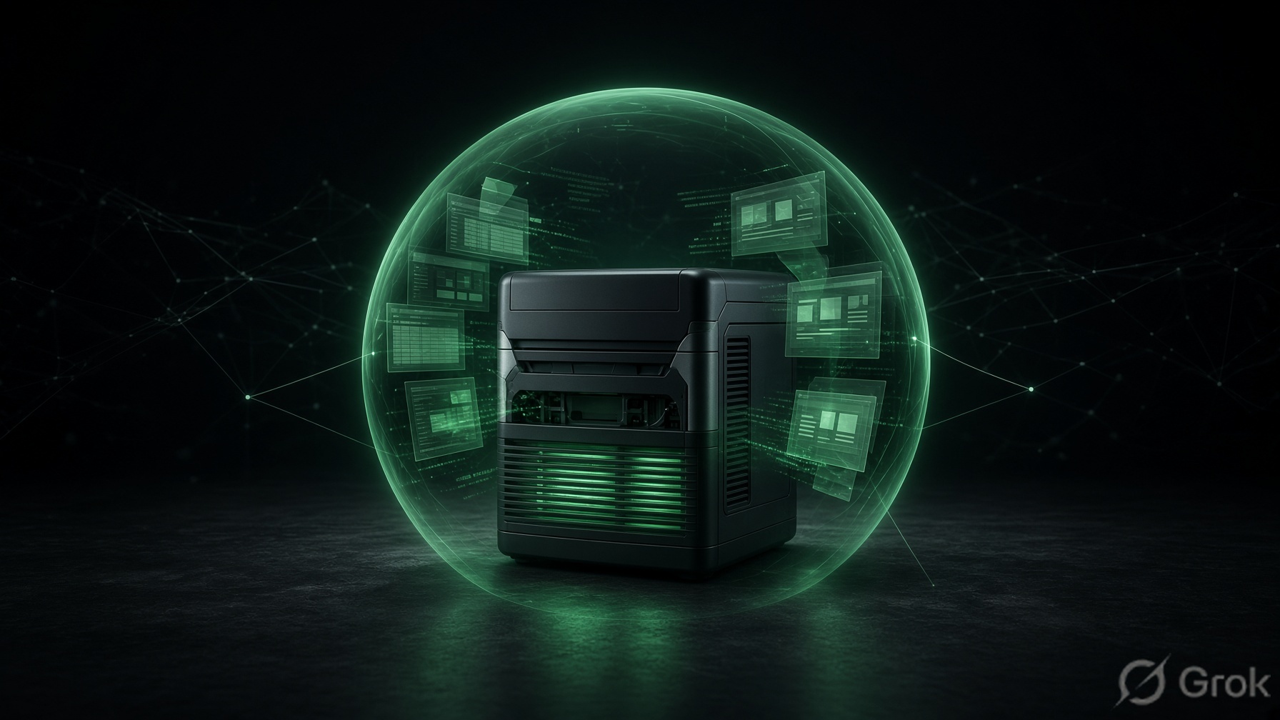 A sealed machine glowing green, documents being assembled inside a translucent boundary while network lines stop short at its edge