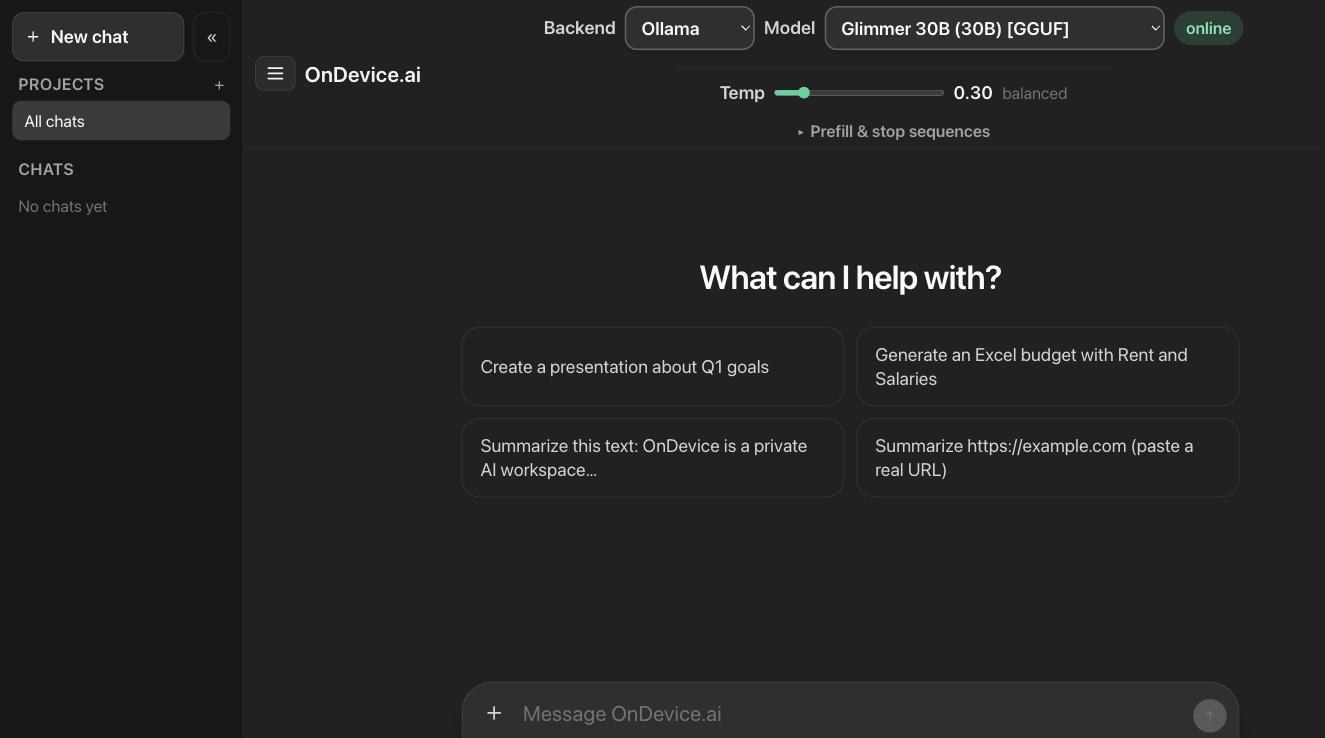 The OnDevice.ai interface: sidebar with projects and chats, backend and model selectors, temperature slider, and suggestion chips
