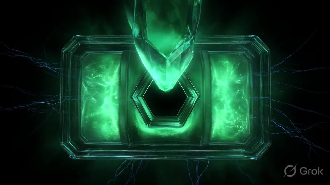 A glass chassis holding steady while a glowing core drops into its socket, network filaments stopping at the edge