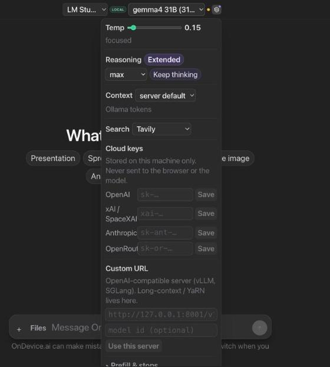 The OnDevice.ai settings popover showing temperature, reasoning effort, context window, search provider, cloud API key fields and a custom OpenAI-compatible URL
