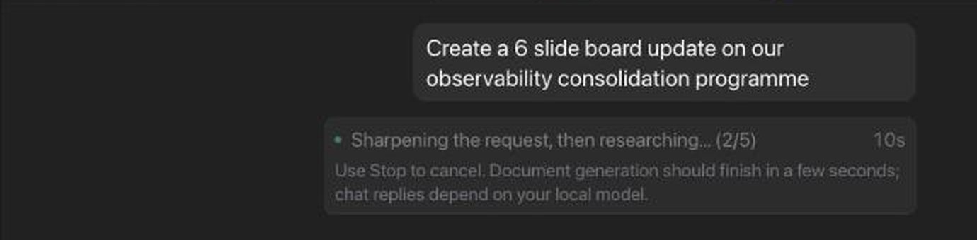 The OnDevice.ai progress panel showing 'Sharpening the request, then researching… (2/5)' with a 10 second elapsed timer