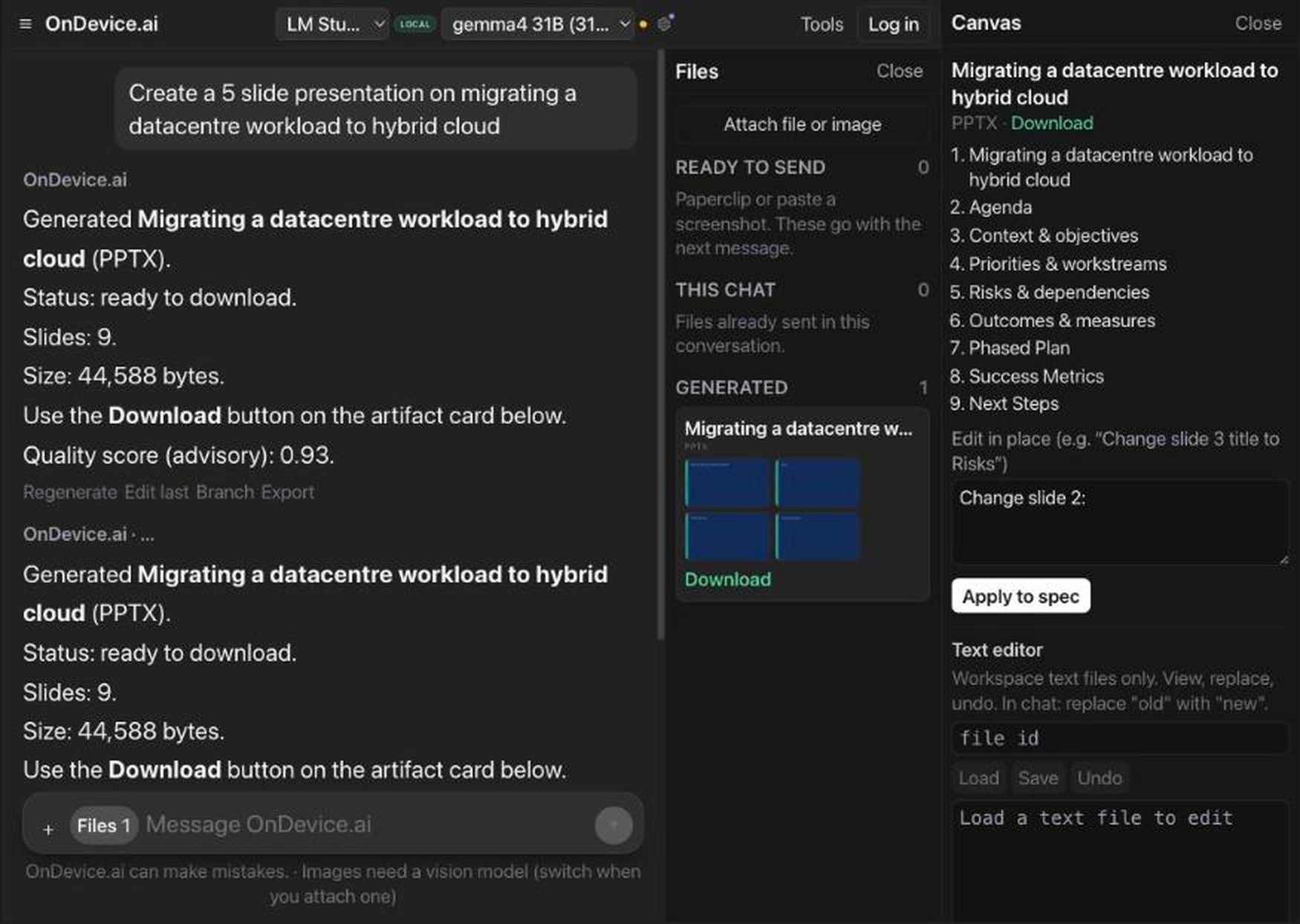 OnDevice.ai showing a generated presentation: the chat reply with slide count and quality score, the Files drawer with the PPTX and slide thumbnails, and the Canvas pane listing the nine-section spec