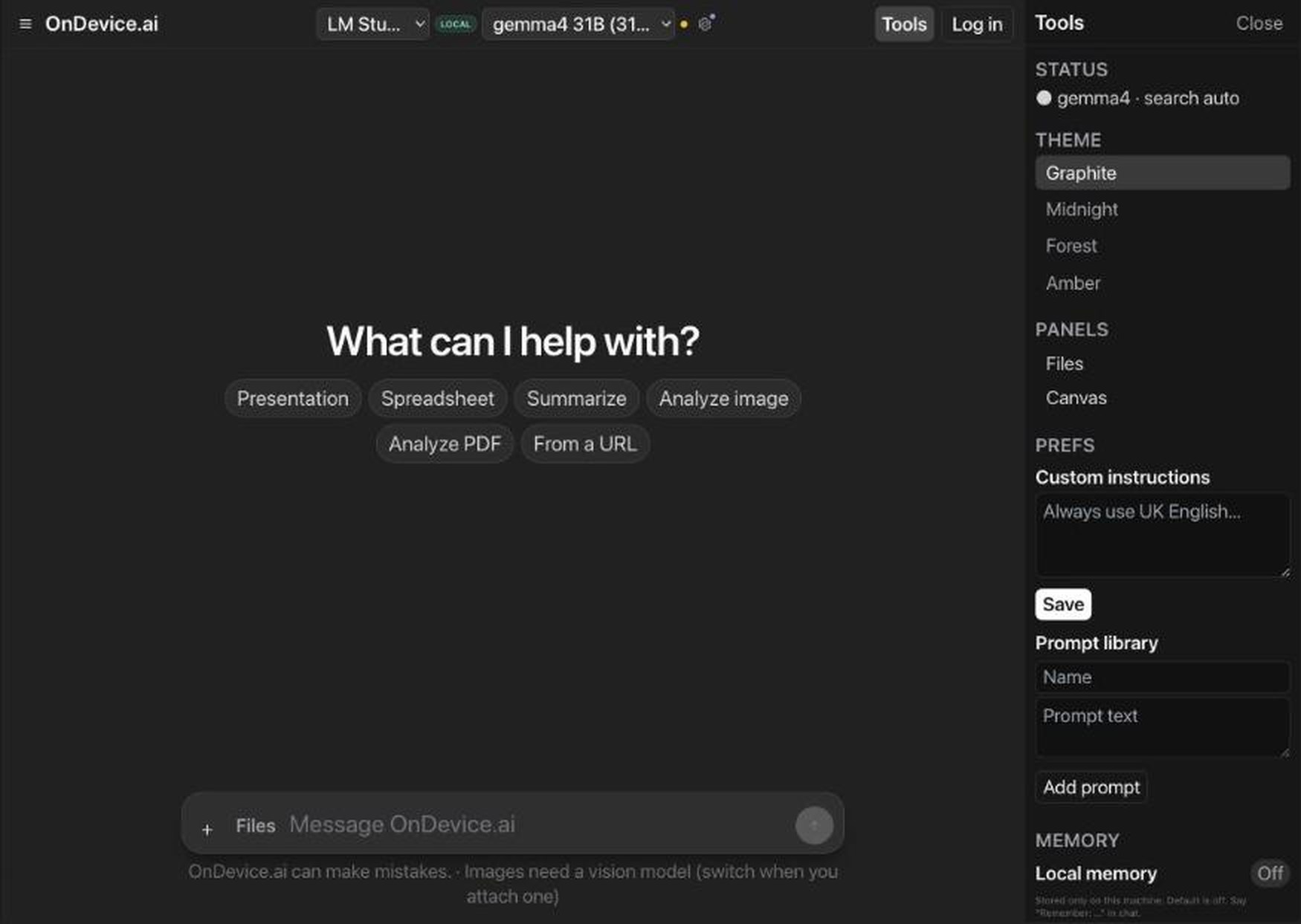 The OnDevice.ai Tools drawer, showing status, four theme presets, Files and Canvas panels, custom instructions, a prompt library, and a local memory toggle set to Off