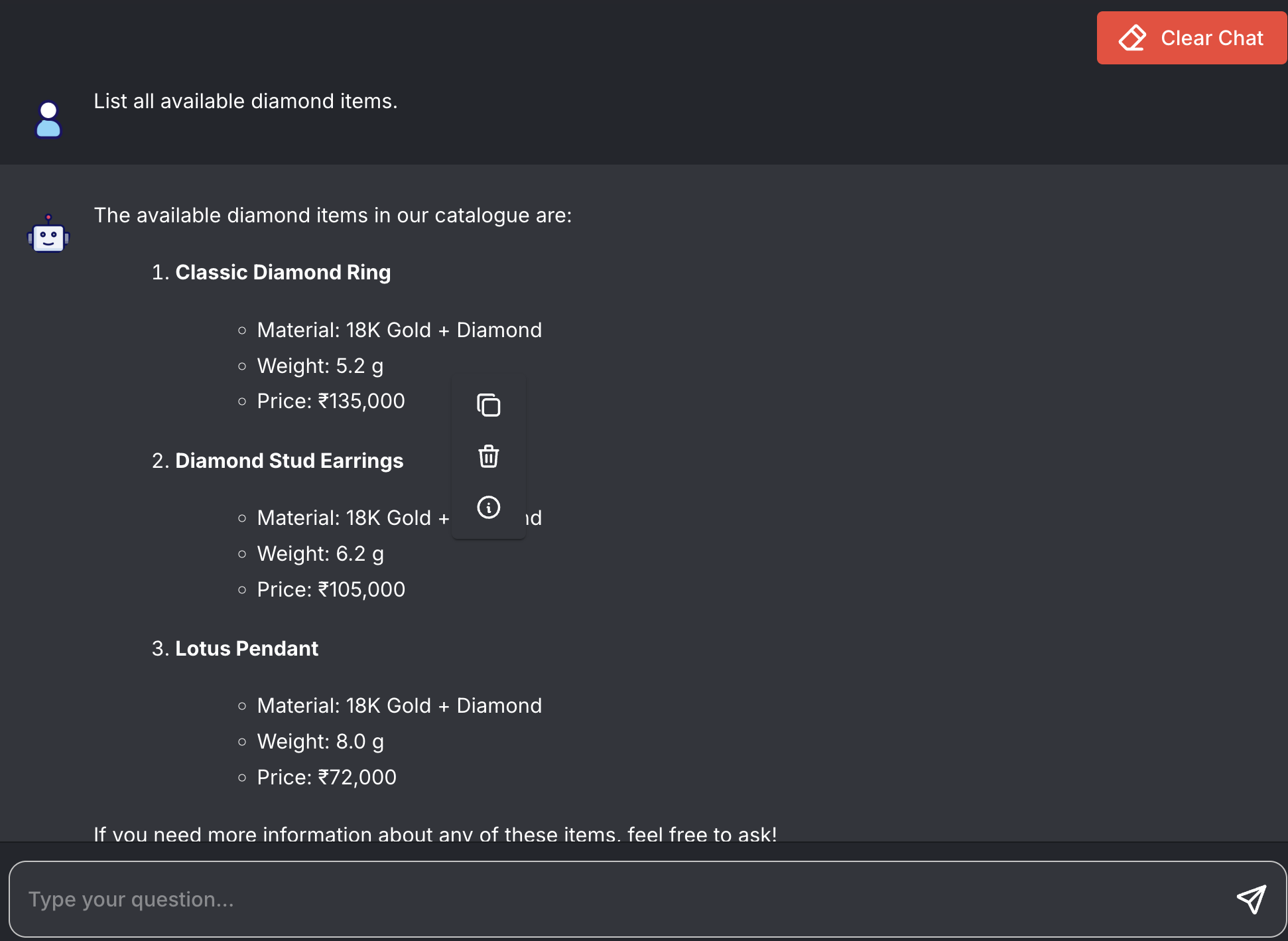 The chatbot answering “List all available diamond items” with the Classic Diamond Ring, Diamond Stud Earrings, and Lotus Pendant — each with material, weight, and price.
