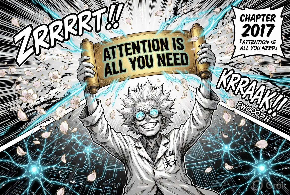 Manga panel: a scientist holds up the Attention Is All You Need scroll