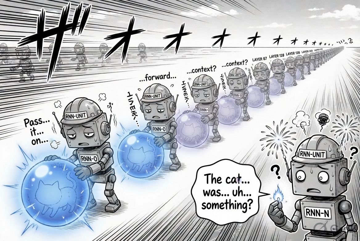 Panel 2 — The Memory Ball: RNN chain passing a fading memory ball