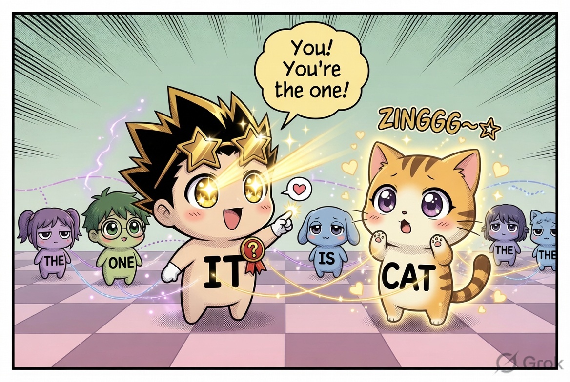 Panel 5 — Words Looking at Words: Self-attention beam from IT to CAT