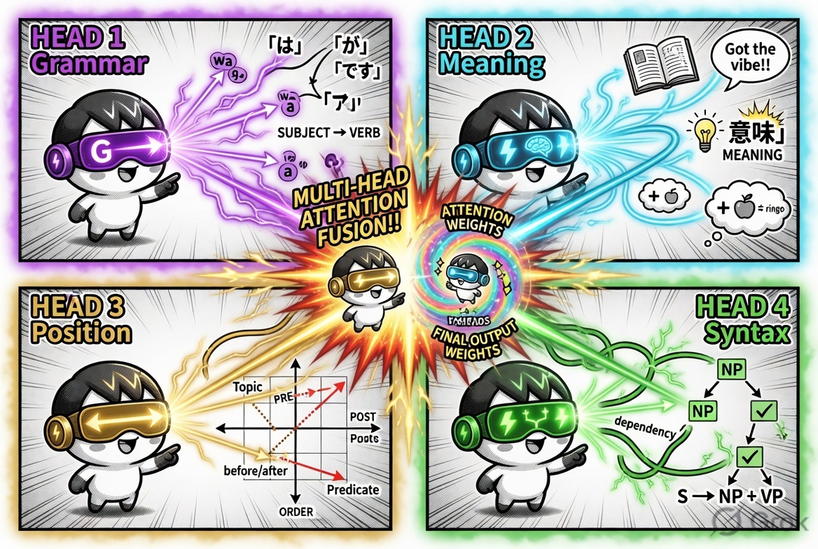 Panel 6 — The Eight-Eyed Team: Multi-head attention split panel