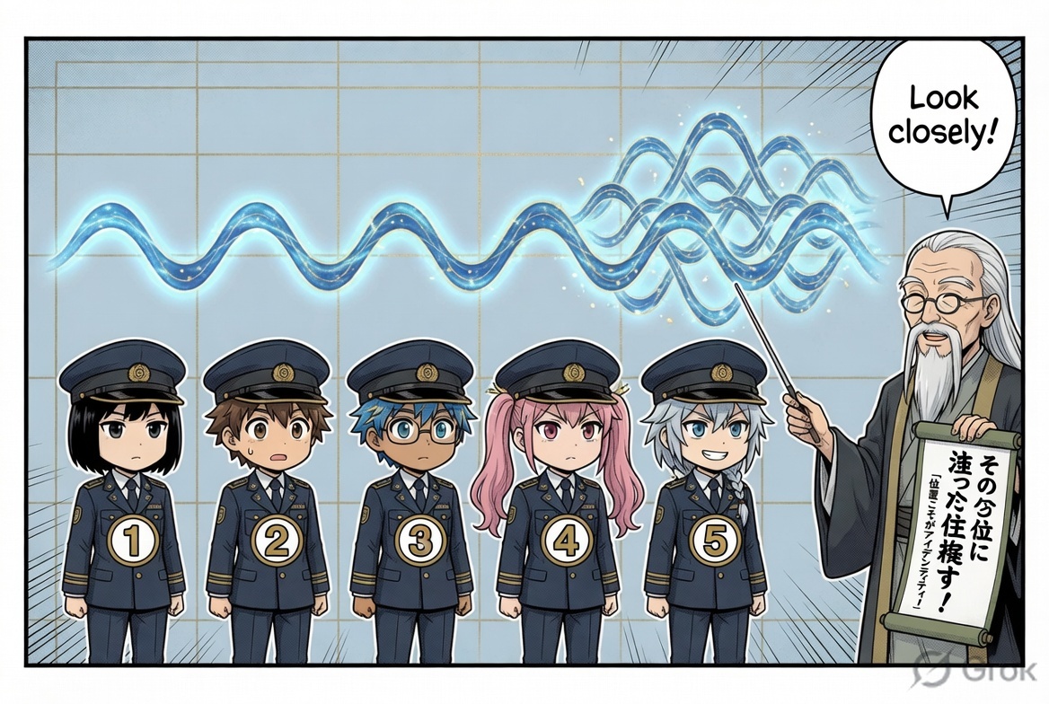 Panel 7 — The Numbered Lineup: Positional encoding lineup of word characters