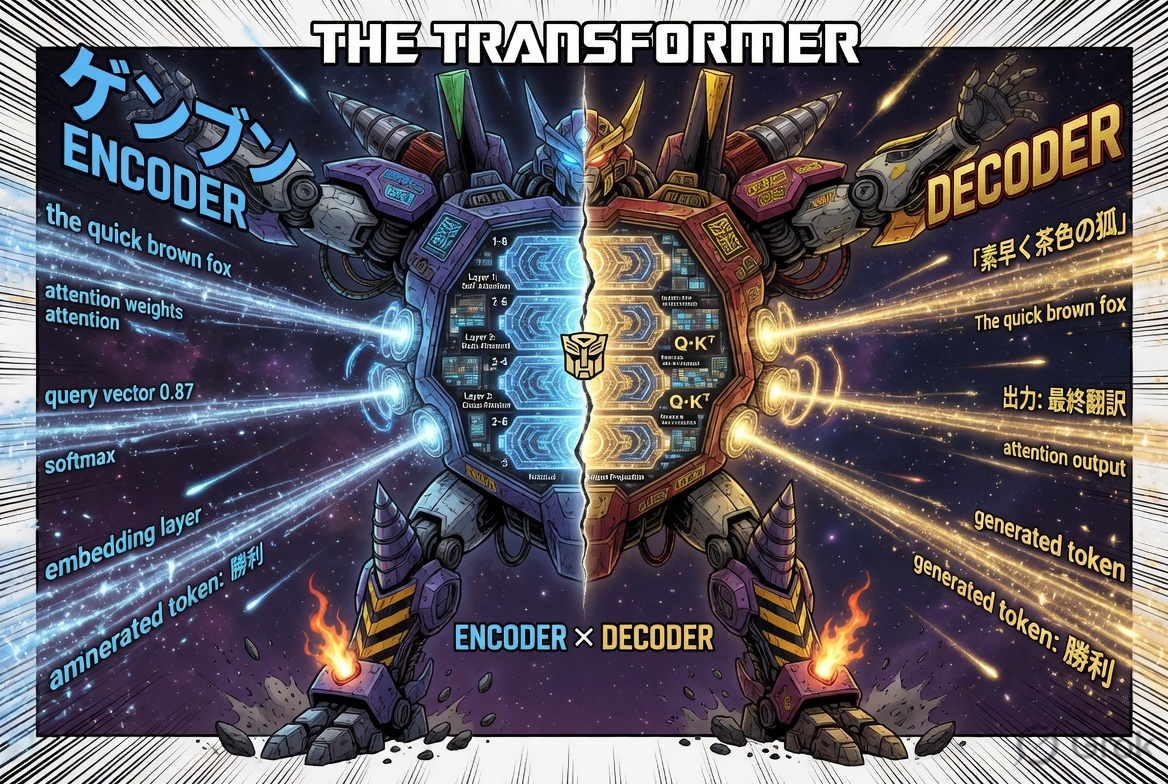 Panel 8 — The Transformer Mecha: Encoder-Decoder mecha robot