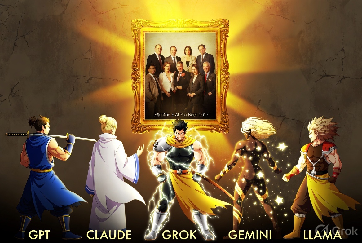 Panel 10 — The AI Family Portrait: GPT, Claude, Grok, Gemini, Llama before the founders portrait