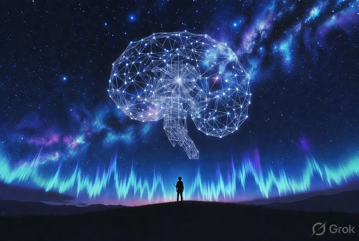 Panel 11 — The Neural Sky: Lone figure beneath Transformer constellation sky