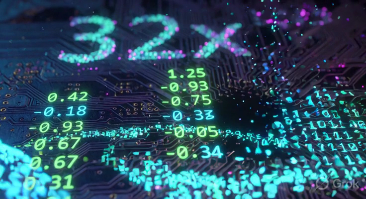 A glowing silicon chip with float values transforming into binary on its surface