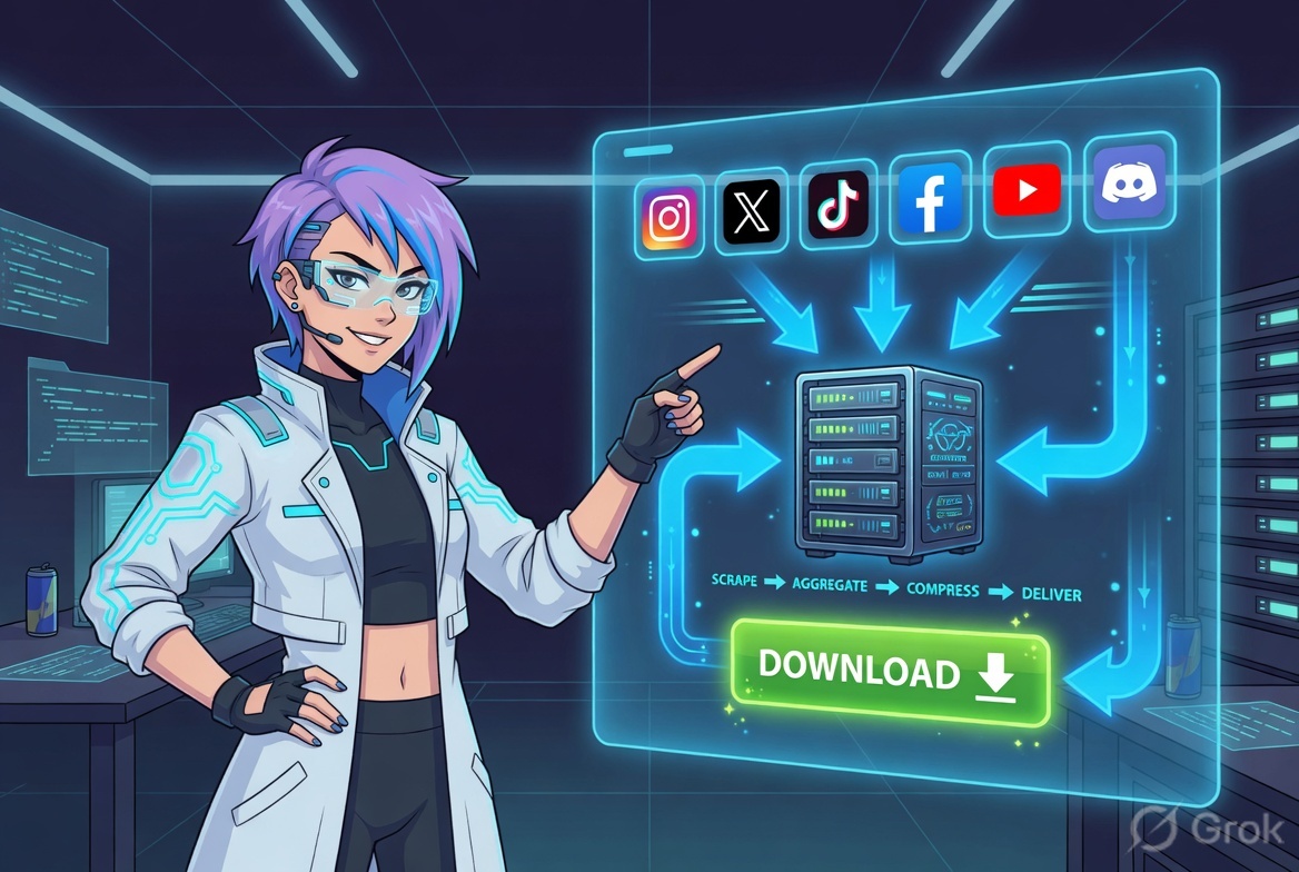 Anime engineer pointing at a holographic flowchart of the download architecture