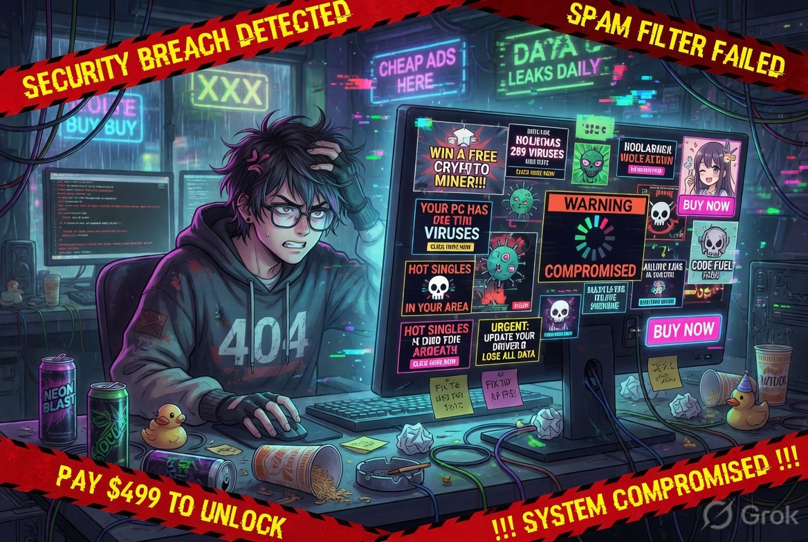 Anime developer surrounded by chaotic pop-up ads on screen