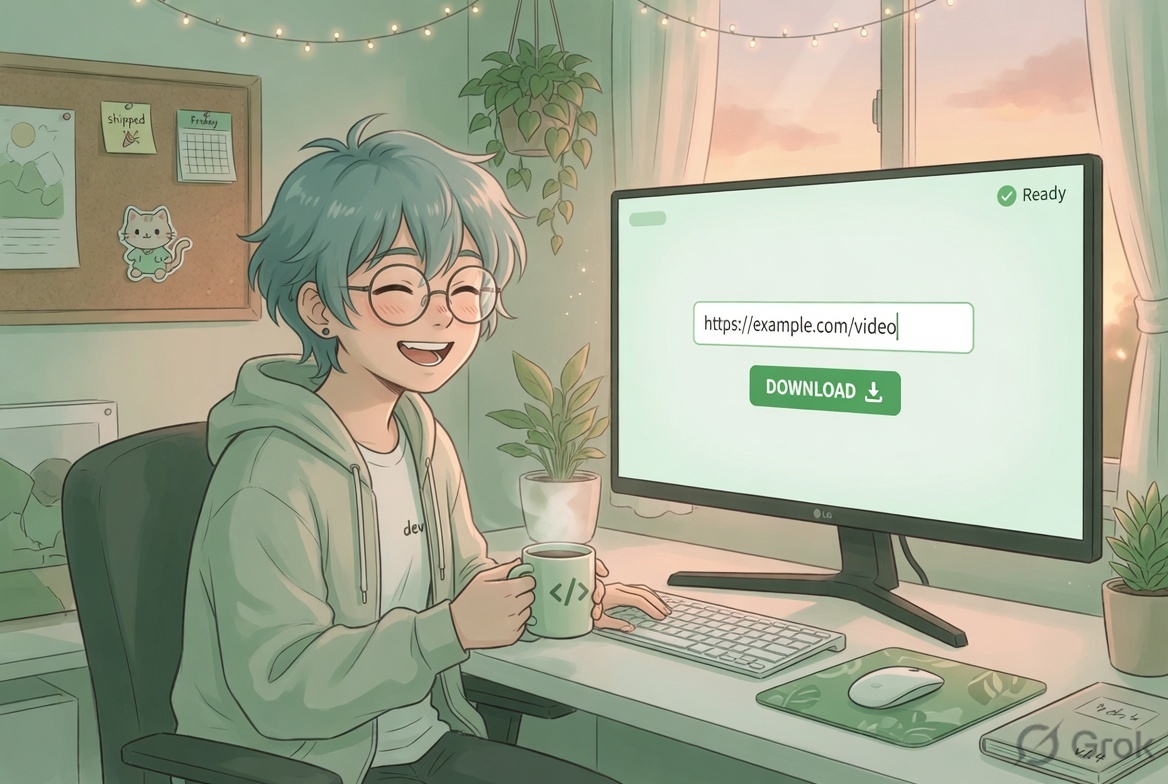 Anime developer smiling at a clean minimal download interface